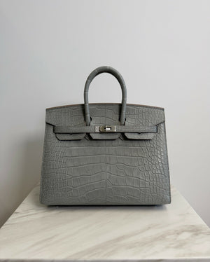 Hermès Birkin 25 Matte Alligator Mississippiensis Gris Perle PHW K 2025