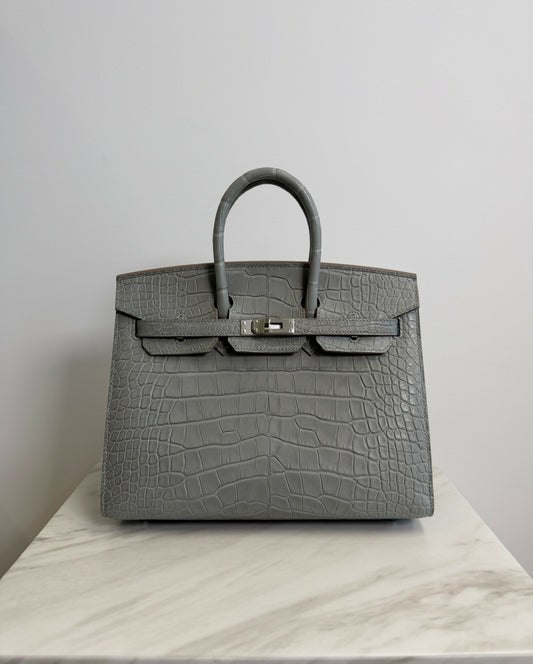 Hermès Birkin 25 Matte Alligator Mississippiensis Gris Perle PHW K 2025