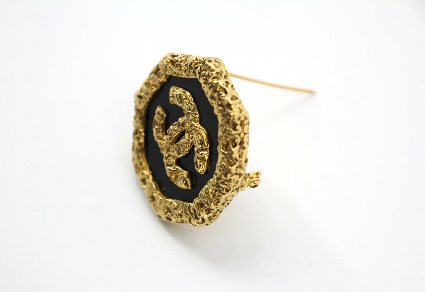 Chanel Vintage 93A Lava Octagonal CC Logo Black and Gold Tone Brooch