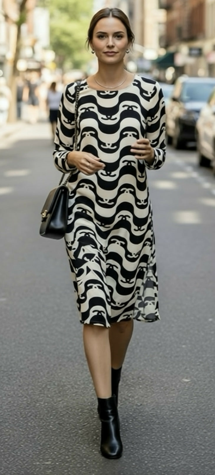 Epic Chanel 21P Ivory  Black CC Wave Silk Midi Dress FR 42