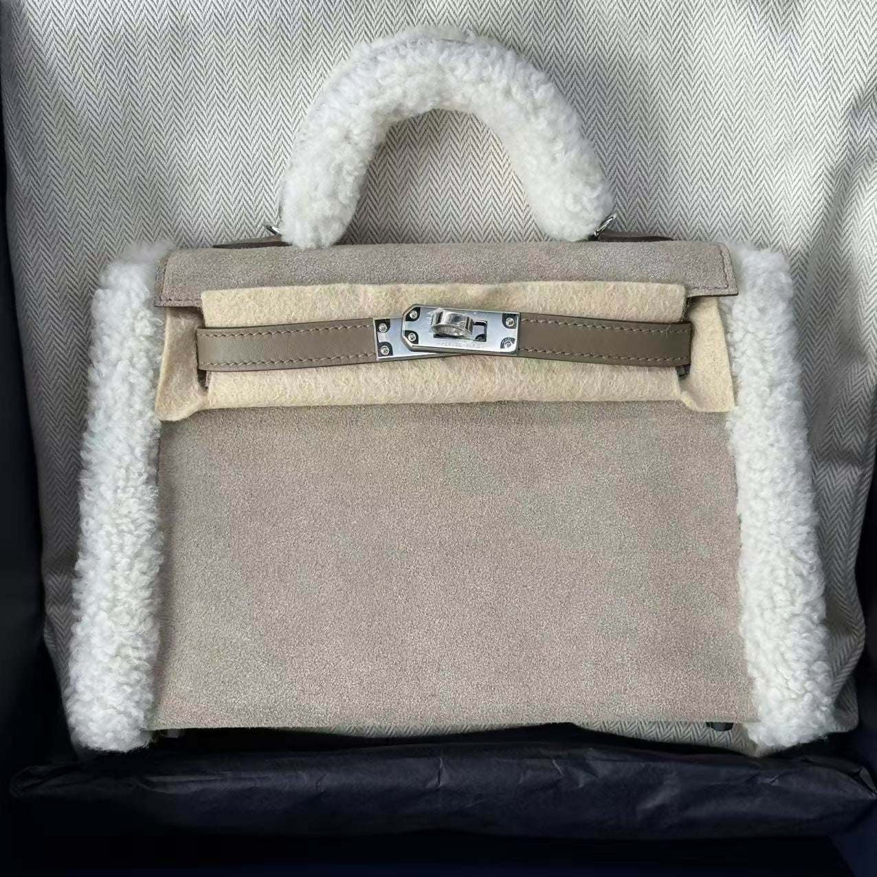 Hermès Mini Kelly II (20) Teddy Grizzly Suede Shearling Étoupe with Palladium Hardware K Stamp