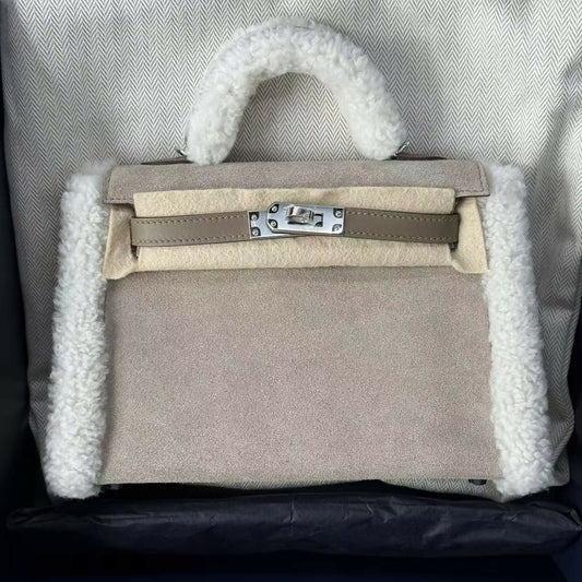 Hermès Mini Kelly II (20) Teddy Grizzly Suede  Shearling Étoupe with Palladium Hardware K Stamp