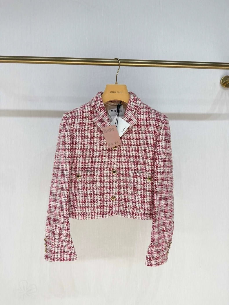 Miumiu 2024 Pink and White Checkered Jacket with Gold Buttons