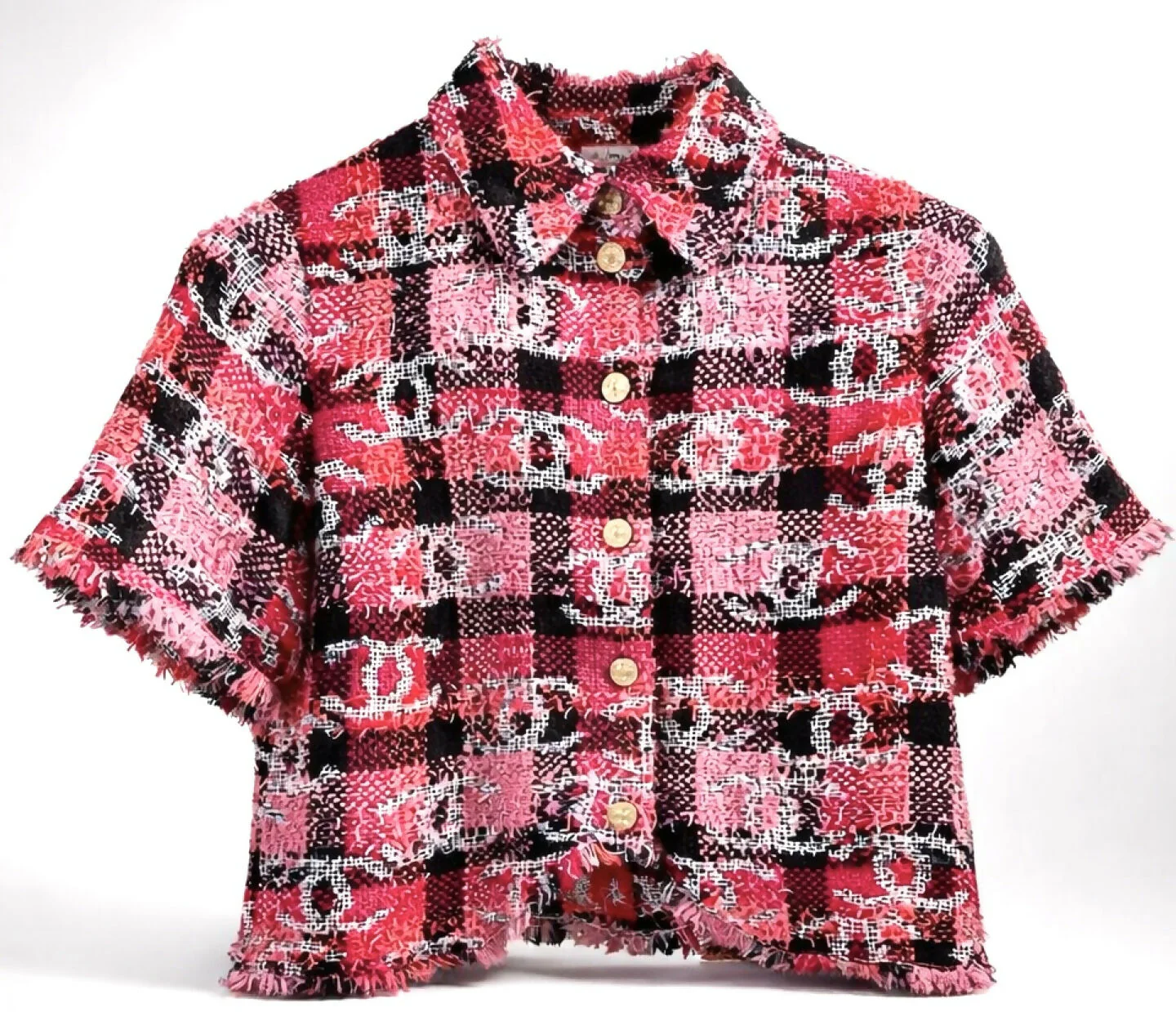 Chanel 22M Coco Beach CC Logo Pink Sequin Fantasy Tweed Blouse Vest FR 36