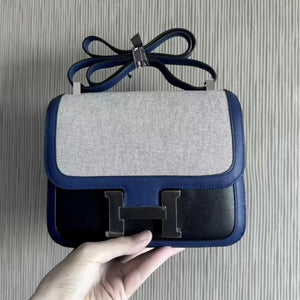 Hermès Constance Noir (Black)/Bleu Saphir Berline Veau Swift Toile Palladium Hardware