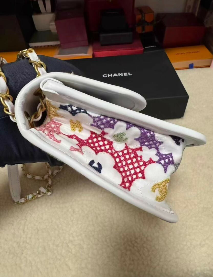 Chanel Spring 2024 White  Multicolor Floral Embroidered Classic Flap Bag with Aged Gold Hardware