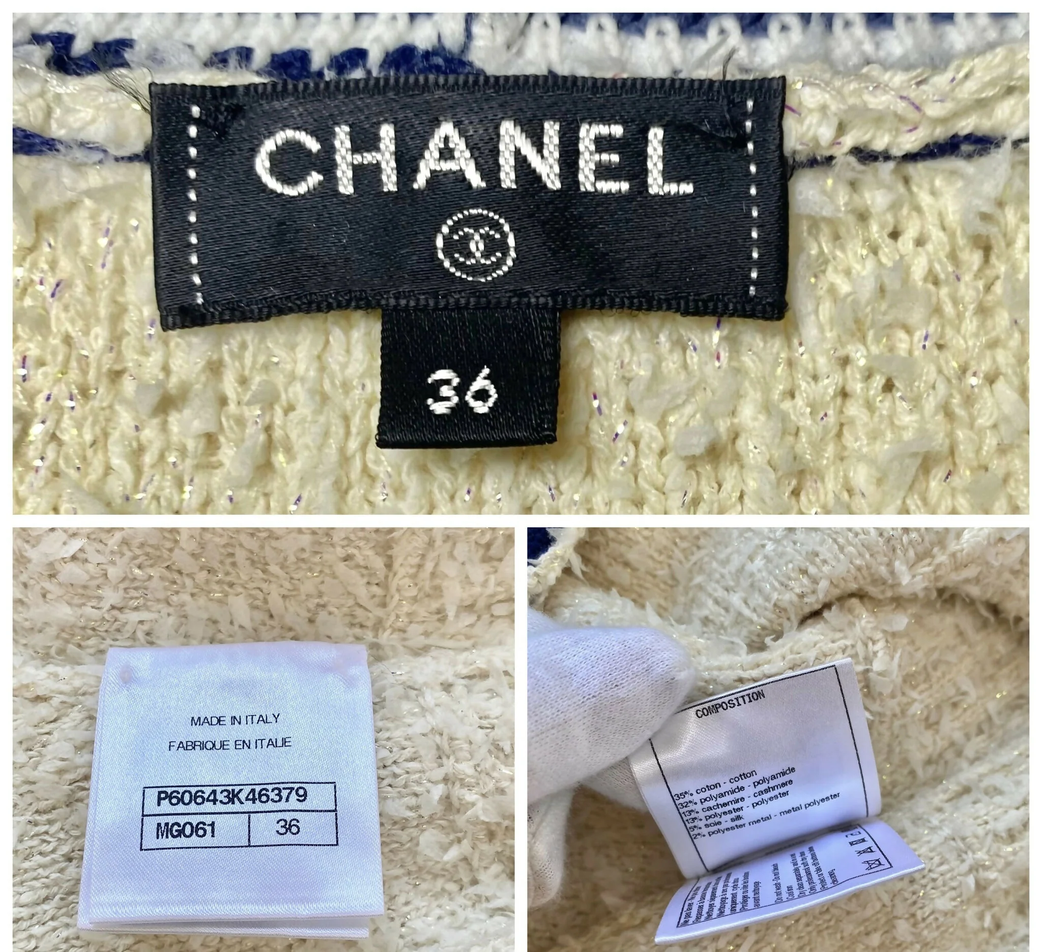 Chanel 19P Sand by the Sea Fantasy Tweed Ivory Navy Short Sleeve Dress FR 36