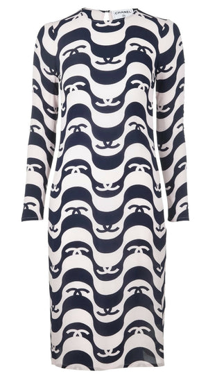 Epic Chanel 21P Ivory  Black CC Wave Silk Midi Dress FR 42