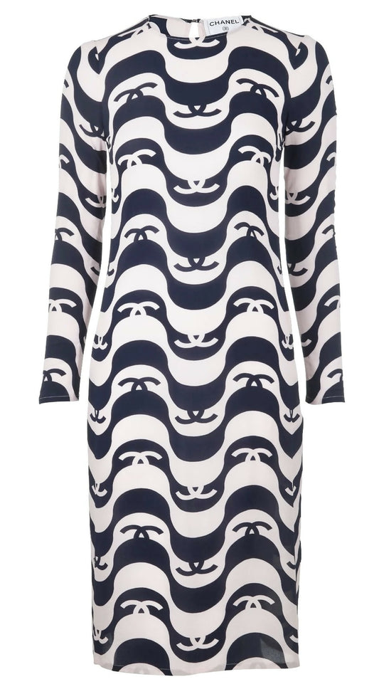 Epic Chanel 21P Ivory  Black CC Wave Silk Midi Dress FR 42