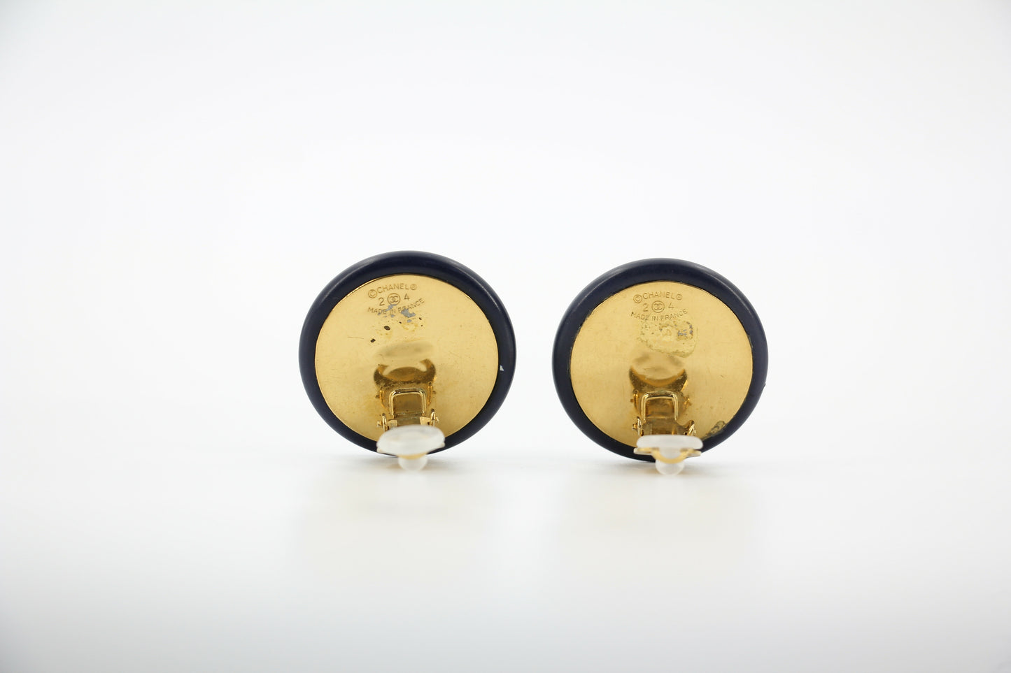 Chanel Vintage 87 Resin Navy Blue CC Logo Large Round Clip-on Earrings