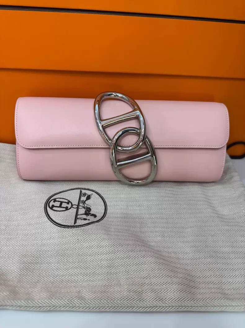 Hermes Egee clutch in pink box leather palladium hardware