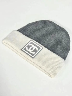Vintage Chanel beanie with sporty square logo, two ways to wear it.