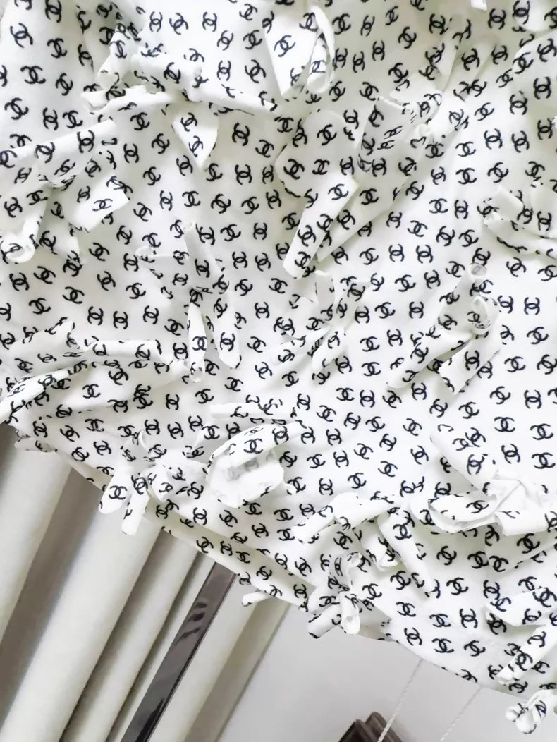 Chanel White Camisole with All-over Black Logo Print and 3D Floral Design