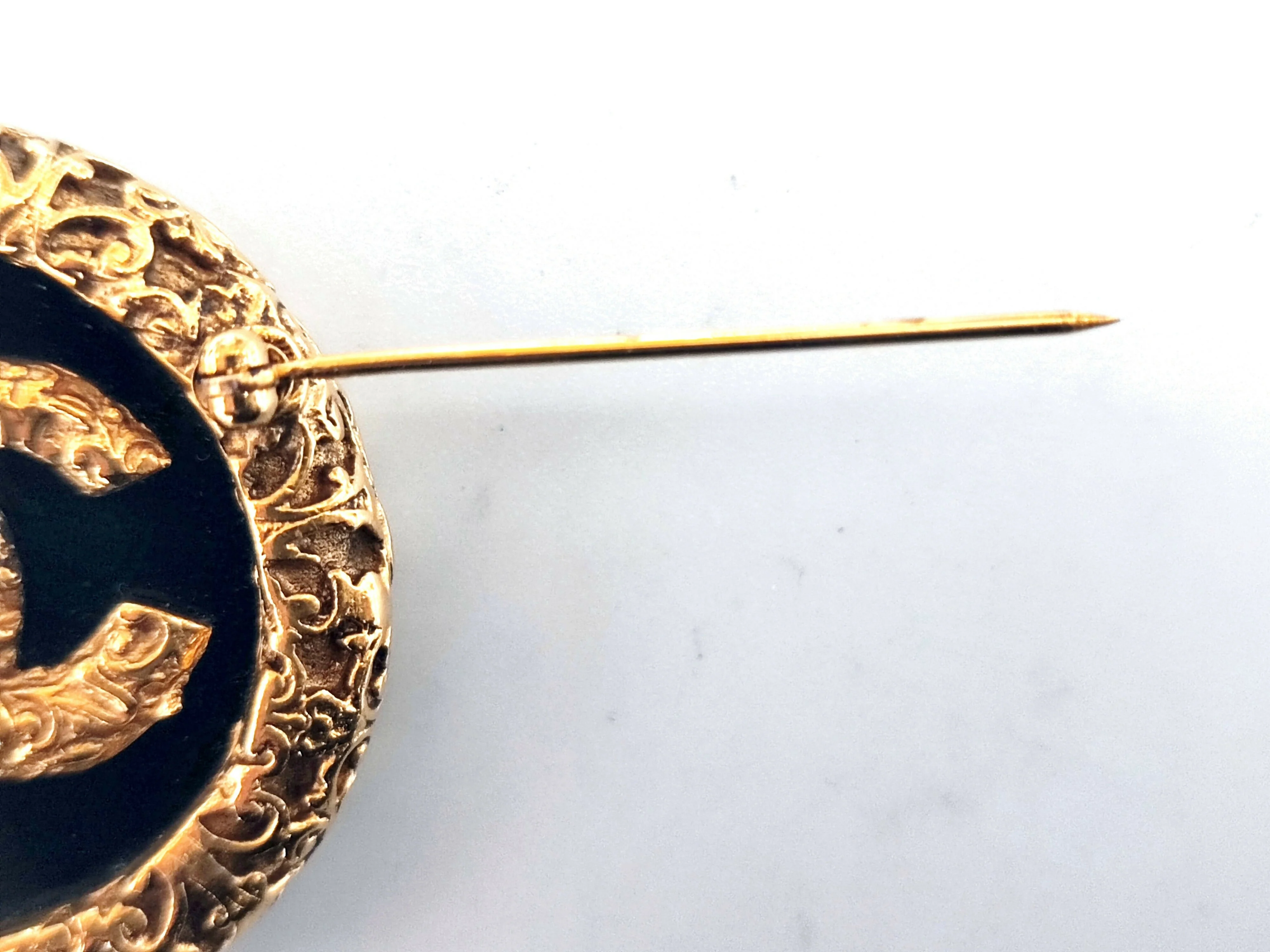 Chanel Vintage 93A Lava Gold Black Coco Mark Round Brooch