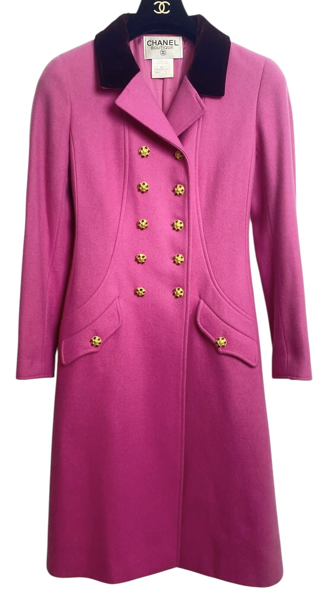 Rare Chanel 96A Vintage Pink  Burgundy Velvet Trim Gripoix Double Breasted Coat FR 38