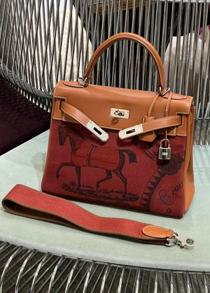 Hermes kelly 28 saddle leather and canvas palladium hardware