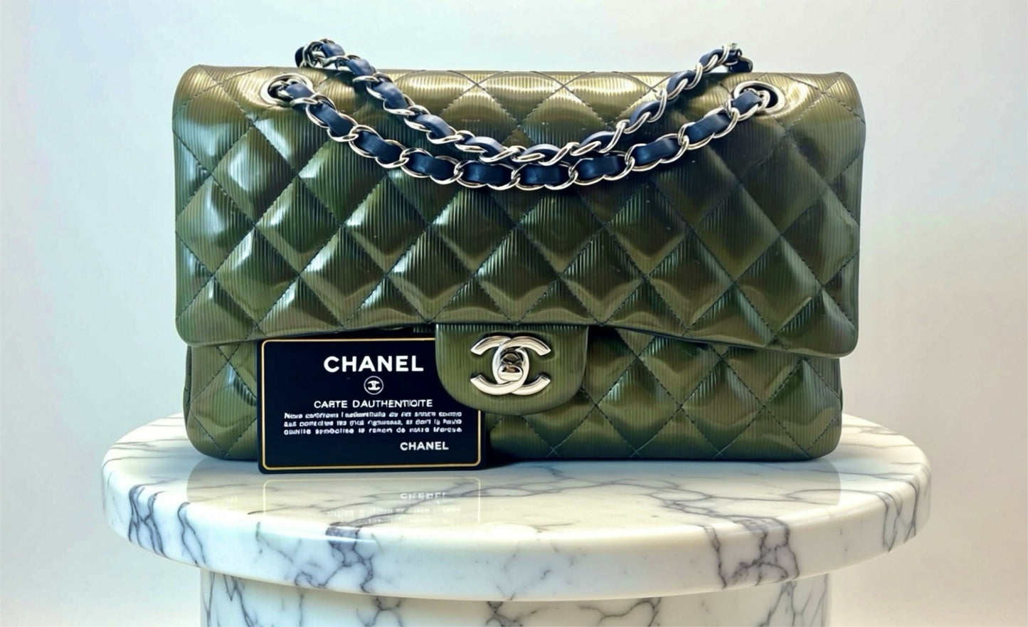 Chanel Medium Double Flap Green Straited Patent Leather Timeless Classic Bag SHW