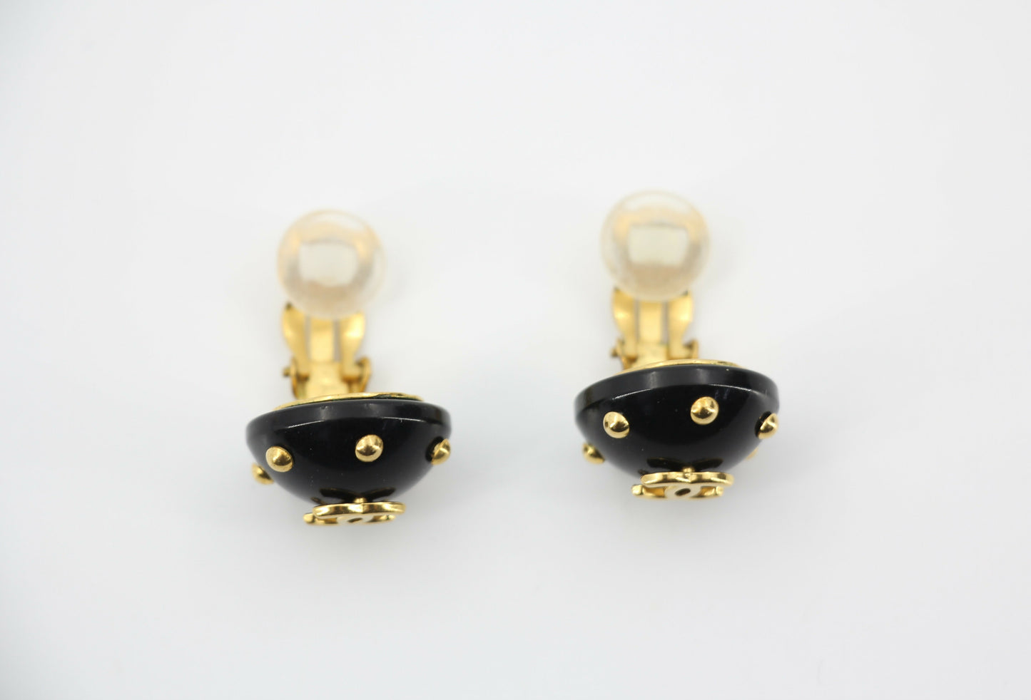 Chanel Vintage 96C Resin Black and Gold Polka Dot Clip-on Earrings