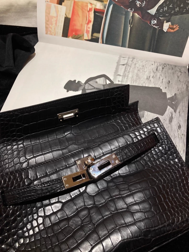 vintage Hermes kelly pochette Black Matte Alligator palladium hardwrae
