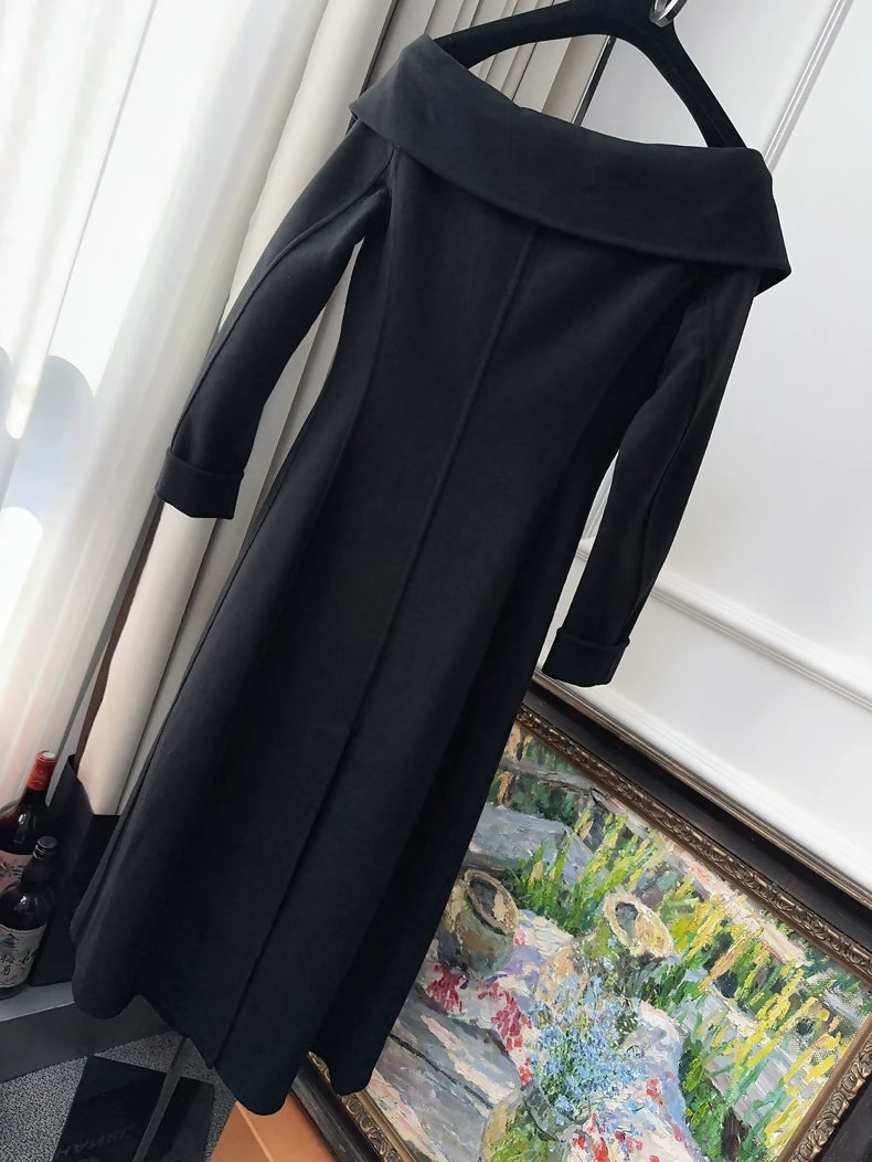 Dior classic black wool off shoulder long dress