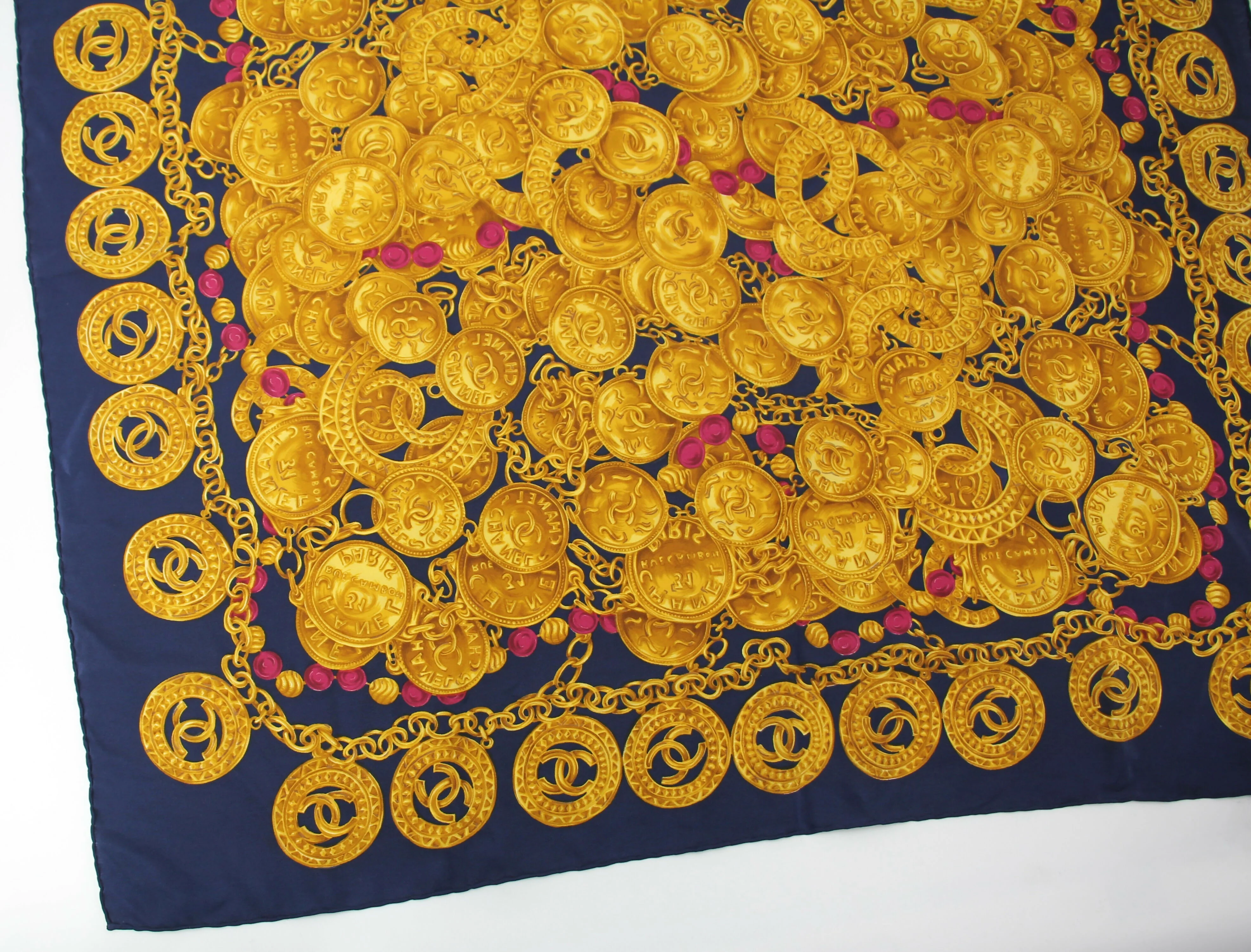 Chanel 100% Silk Navy Blue Chain and Gold Coin Pattern Scarf