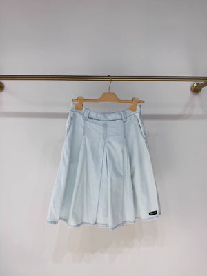 Miu miu Chambray Light Blue Distressed Denim Midi Skirt