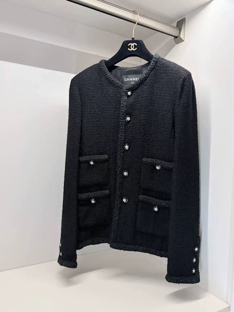 Chanel 23K Camellia Embroidered Four-Pocket Black tweed Jacket
