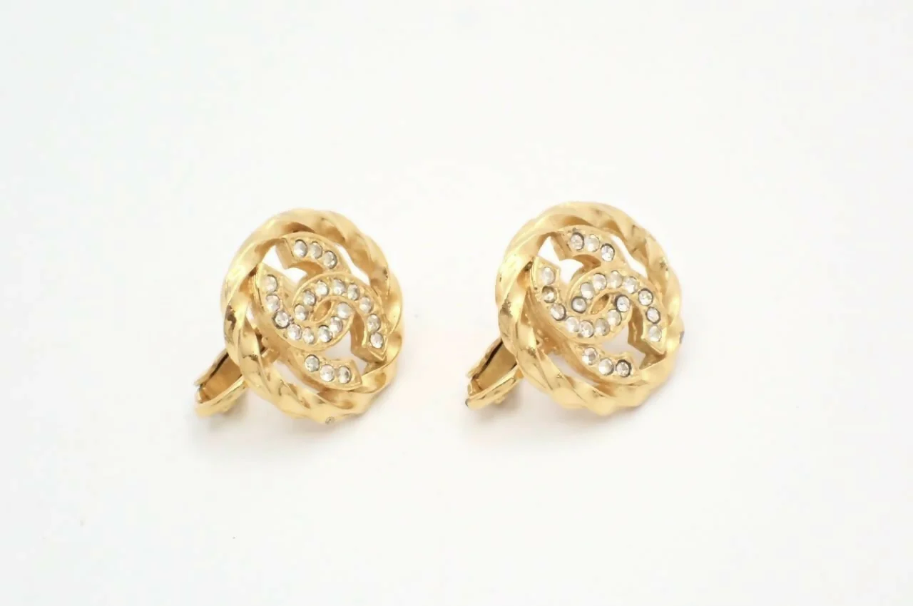 Chanel Vintage Rhinestone Gold Plated CC Logo Clip-on Earrings