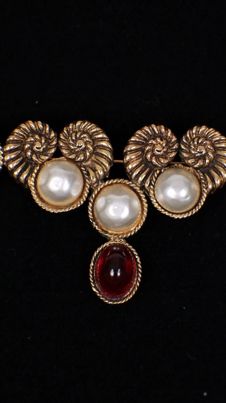 Chanel Rams Horn Pearl Red Gold Glass Brooch