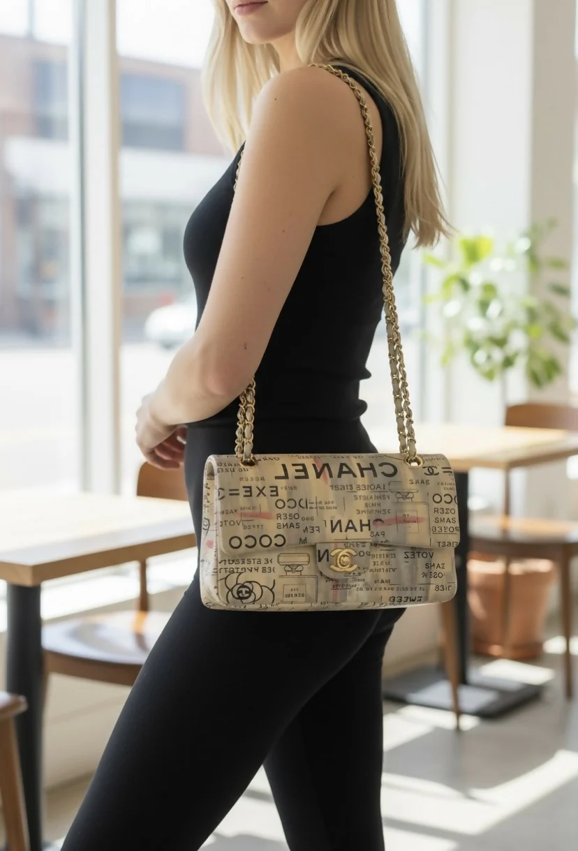 CHANEL 15S GRAFFITI NEWSPAPER CLASSIC MEDIUM DOUBLE FLAP BAG