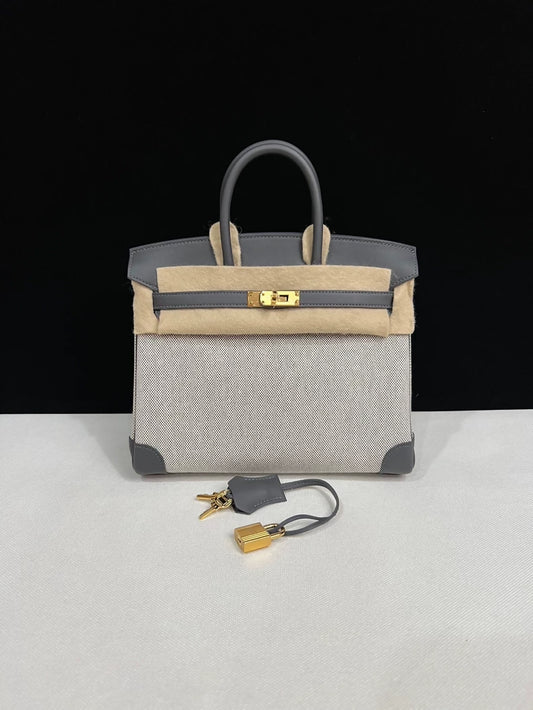 Hermes Birkin 25 Canvas  Grey Swift leather with Gold Hardware