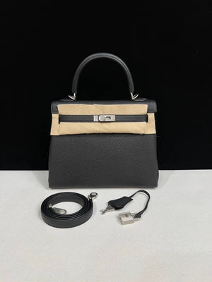 Hermes Kelly 25 black togo leather brushed palladium hardware