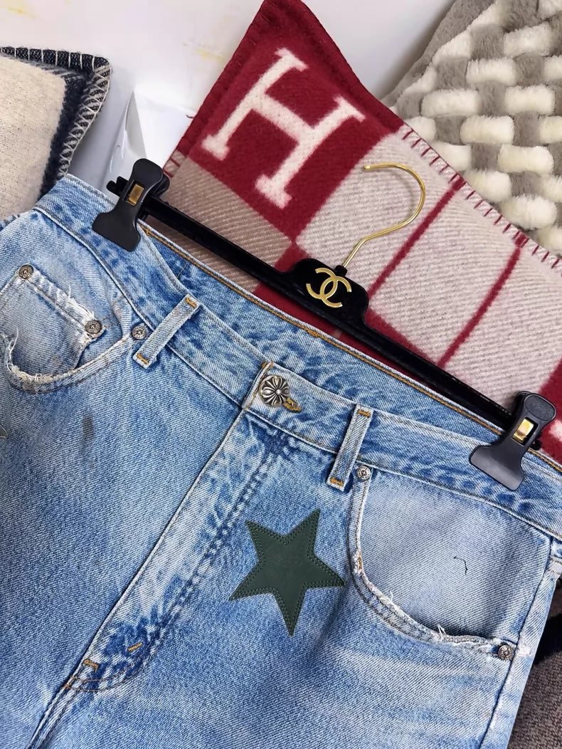 Chrome Hearts Limited Edition Blue Distressed Jeans, Army Green Camouflage Patchwork Star Jeans