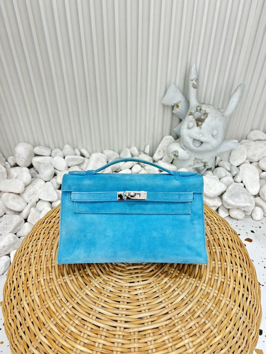 Hermès Kelly pochette Doblis blue atoll suede leather palladium hardware