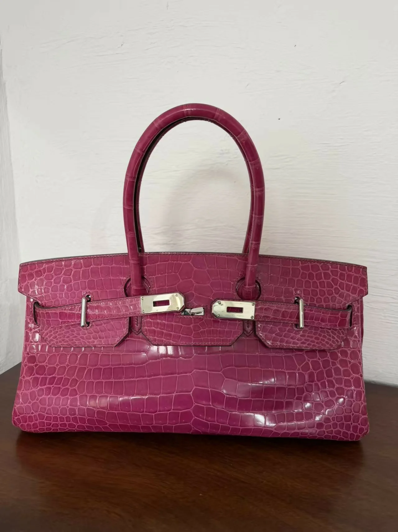 Hermes Birkin shoulder Pink shiny crocodile leather palladium harwdare