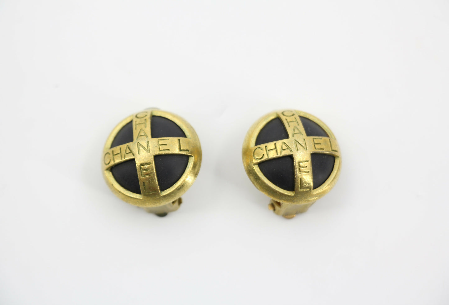 Chanel Vintage 94A Gold-plated Resin Gold and Black Cross Clip-on Earrings