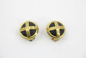 Chanel Vintage 94A Gold-plated Resin Gold and Black Cross Clip-on Earrings