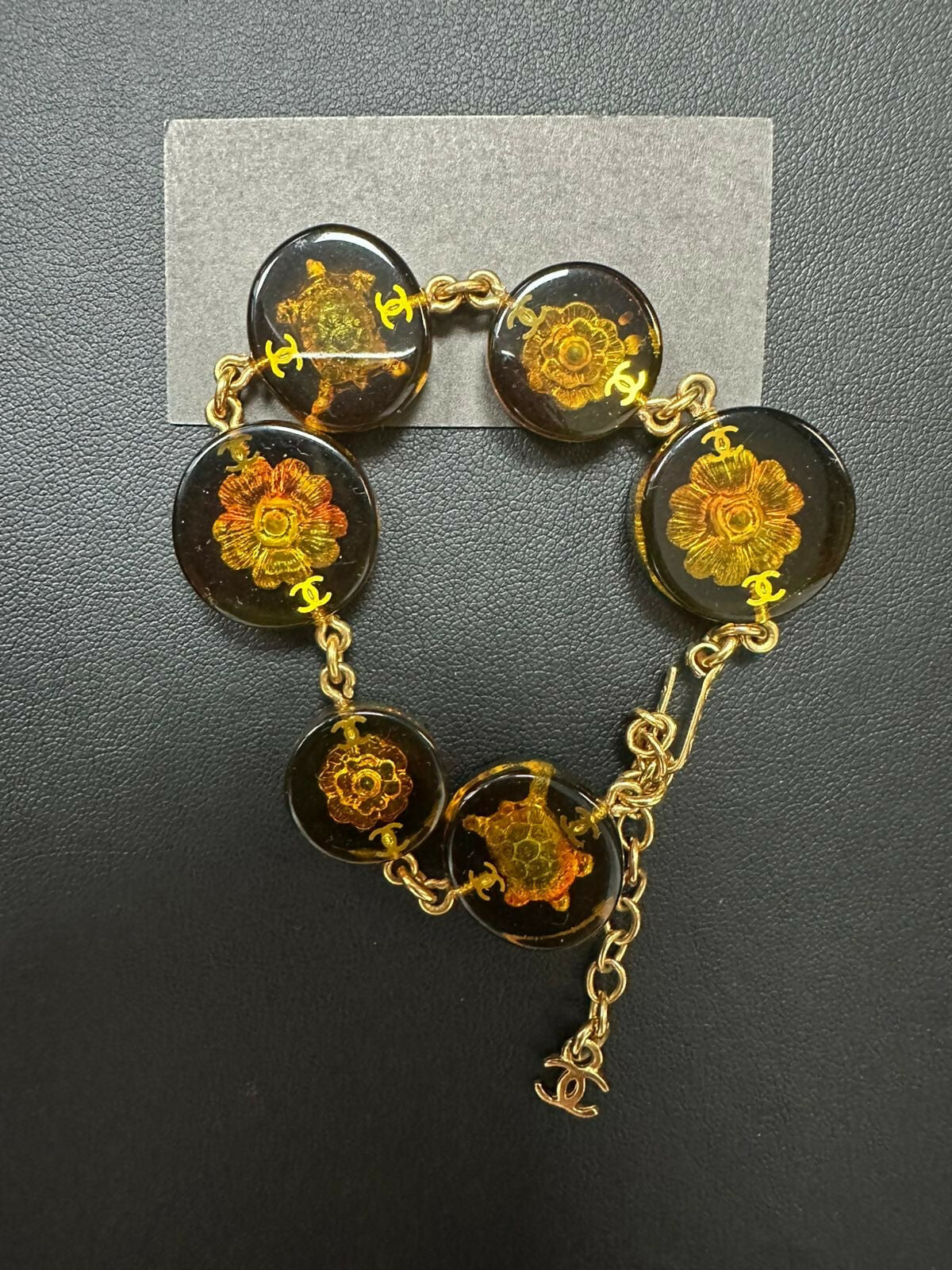 Chanel Vintage 98A Acrylic Dark Brown Turtle Camellia Tortoise Shell Bracelet