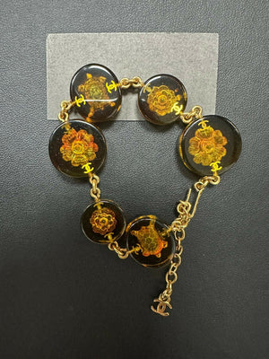 Chanel Vintage 98A Acrylic Dark Brown Turtle  Camellia Tortoise Shell Bracelet