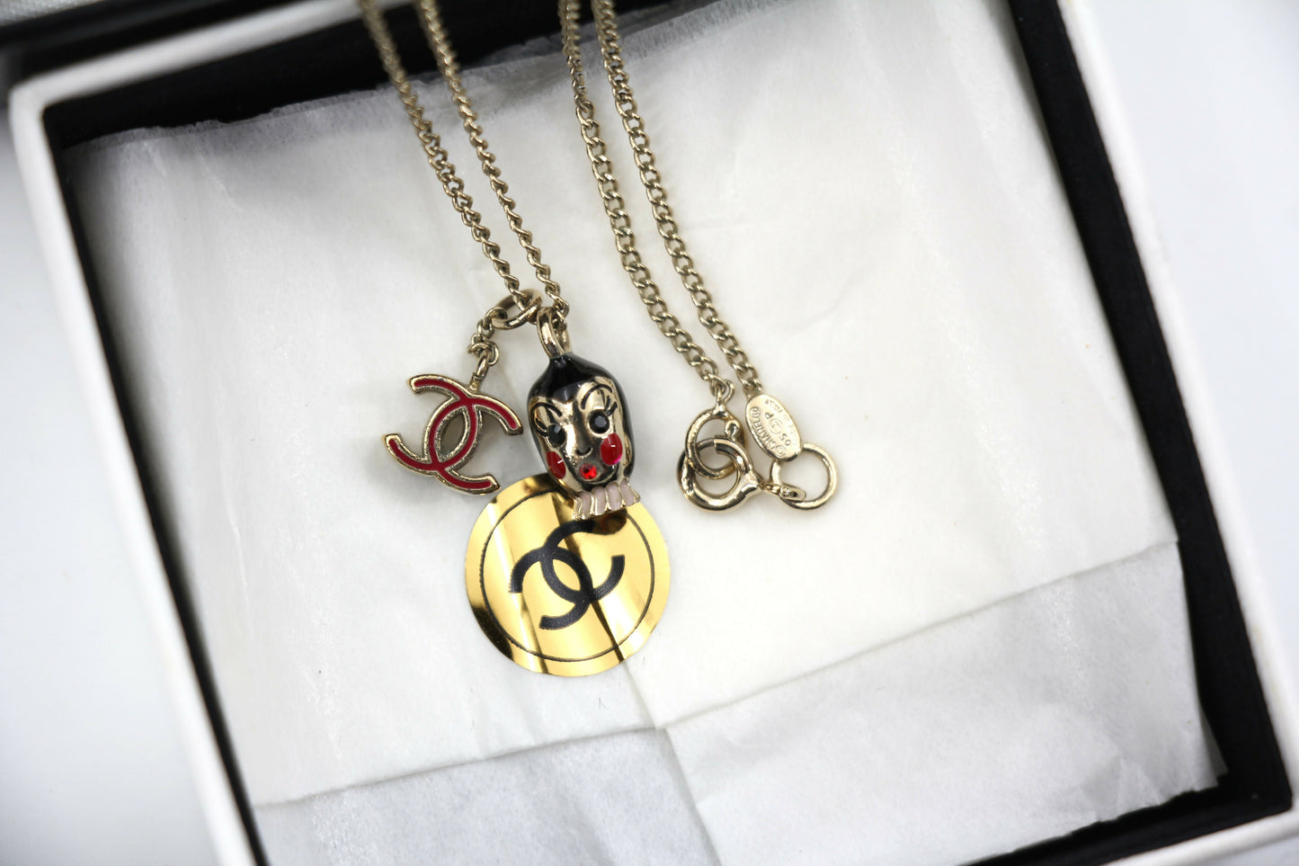 Chanel Vintage 05P Metal Doll Head  Red CC Necklace
