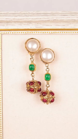 Chanel Red and Green Glass Pendant Pearl Clip-on Earrings