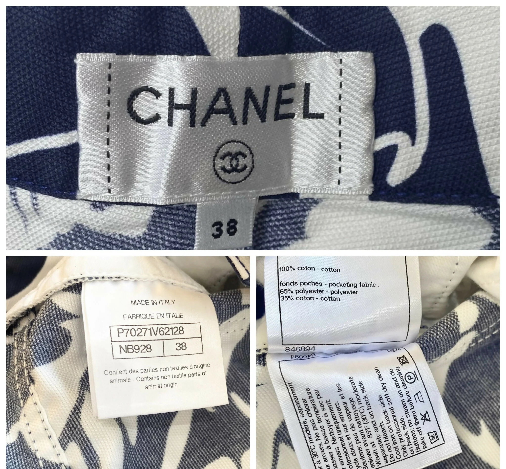 Chanel 2021 Coco Beach Dark Navy Blue White Mini Cotton Shorts FR 38