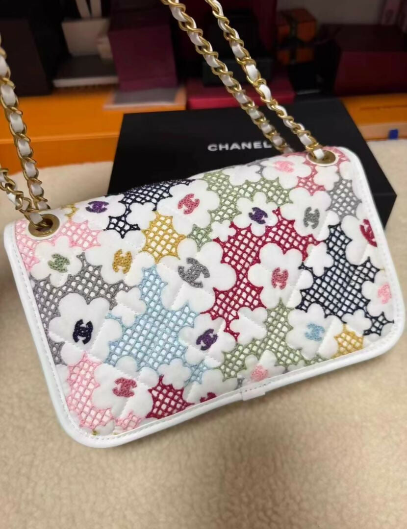 Chanel Spring 2024 White  Multicolor Floral Embroidered Classic Flap Bag with Aged Gold Hardware