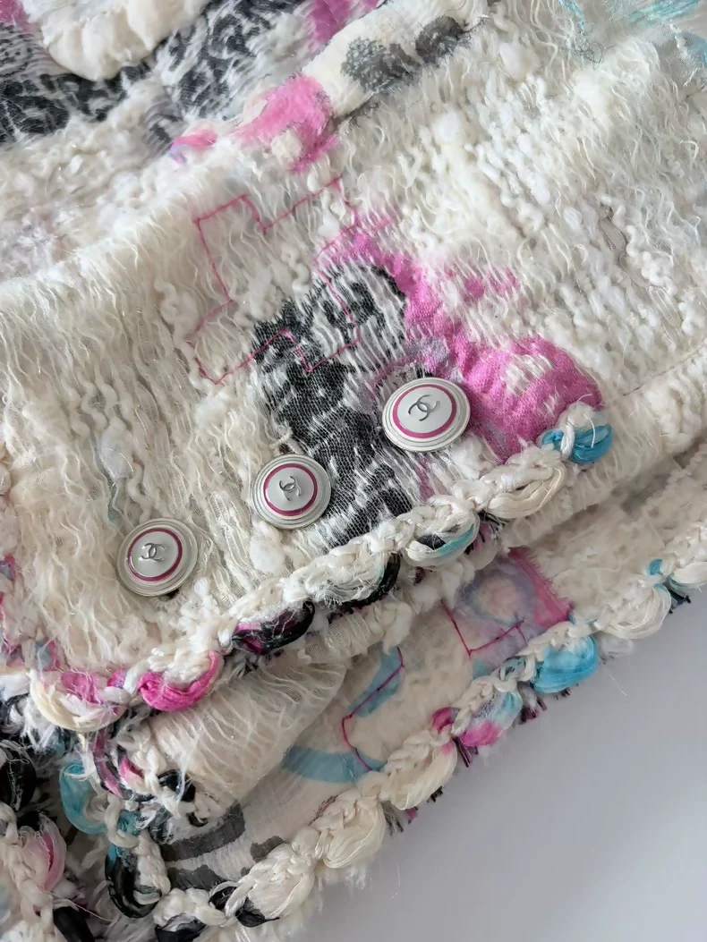 Chanel 2007 silk graffiti cardigan with brooch