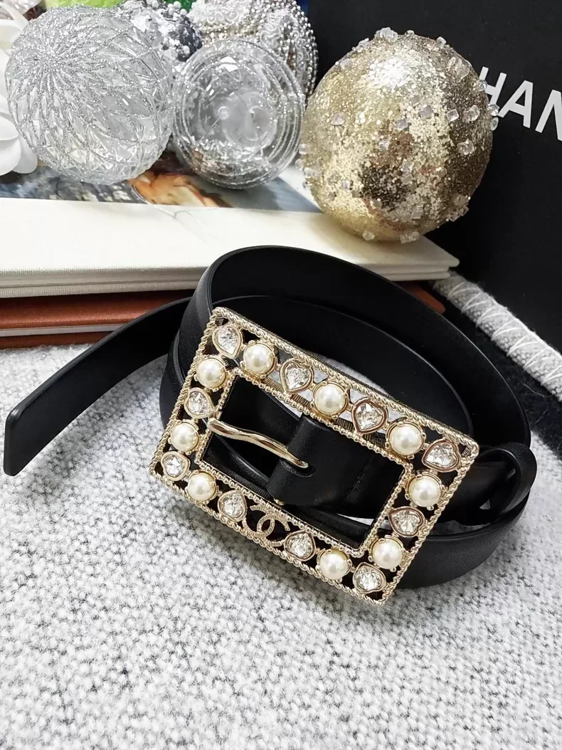 Chanel 22B pearl and rhinestone square leather belt,
