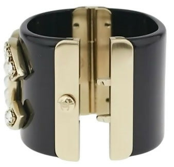 Chanel Iconic 14B Crystal  Pearl CC Wide Black Cuff Bracelet GHW