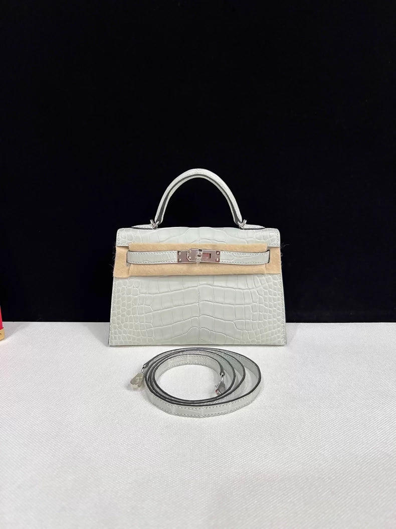 Hermes Mini Kelly 20 Gris matte Crocodile Leather palladium hardware