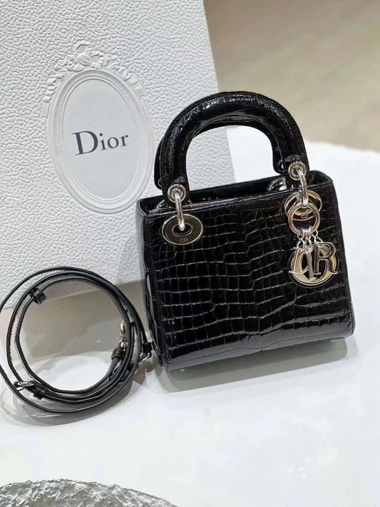 Dior small Lady Dior black patent alligator leather silver hardware