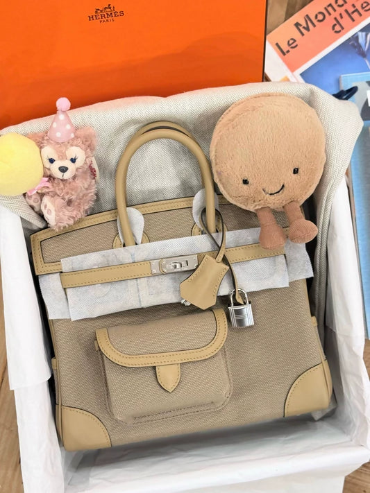 HERMES BIRKIN 25 CARGO TOILE GOELAND/SWIFT BEIGE MARFA/POUSSIERE PALLADIUM HARDWARE