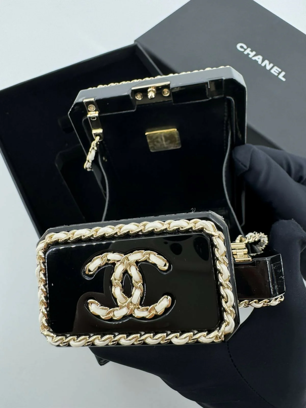 Chanel 22S Plexiglass Black Quilted Leather and White Perspex Perfume Bottle Minaudière Mini Flap Bag